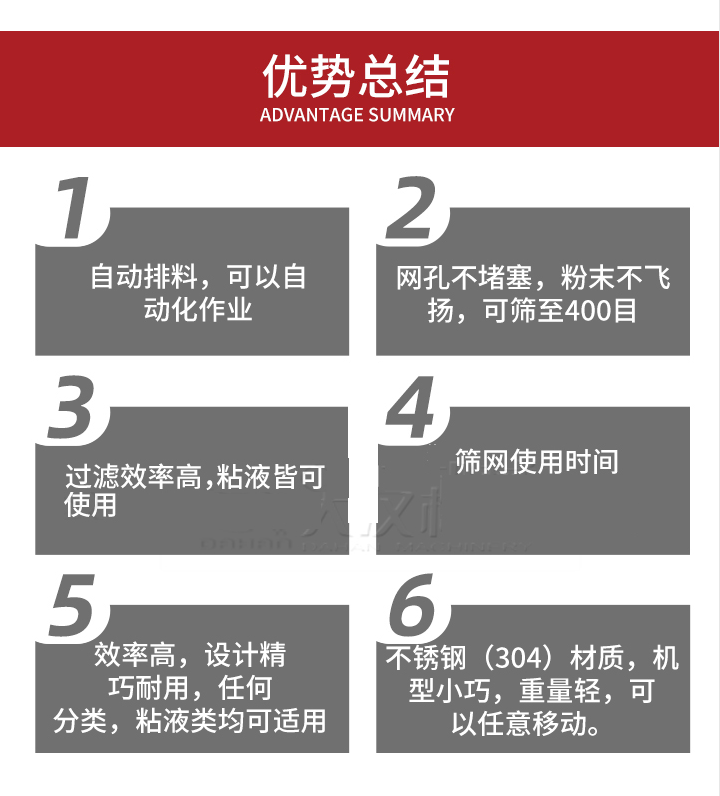 過濾篩優勢總結：1，自動排料，可以自動化作用。2，網孔不堵塞，粉塵不飛揚，可篩至400目。3，過濾效率高，任何粒，粉，粘液也可使用。4，篩網設計大大提高了篩網使用時間，也魏換網提高了方便。5，效率高，設計精巧耐用，任何分類設計精巧耐用，任何分類，粘液類均可適用。6，不銹鋼材質機型小巧，重量輕，可以任意移動。