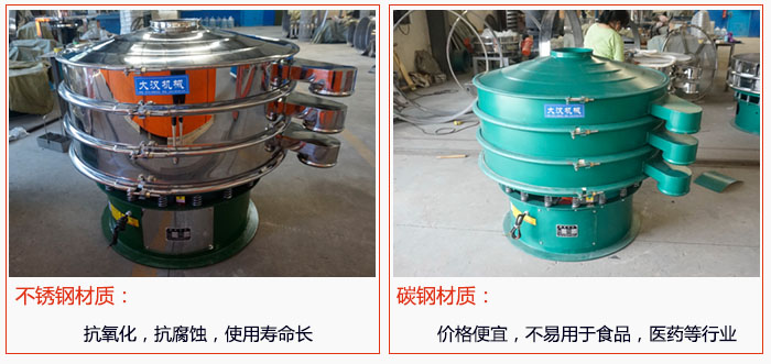 800型振動(dòng)篩有不銹鋼和碳鋼兩種材質(zhì)，不銹鋼材質(zhì)：抗氧化，抗腐蝕，使用壽命長(zhǎng) 碳鋼材質(zhì)：價(jià)格便宜，不易篩分食品，化工，醫(yī)藥等行業(yè)的物料。