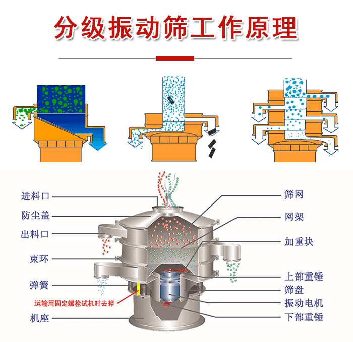 分級振動篩內(nèi)部結(jié)構(gòu)：進(jìn)料口，防塵蓋，出料口，束環(huán)，彈簧，機座，篩網(wǎng)，網(wǎng)架，上部重錘，振動電機，下部重錘。