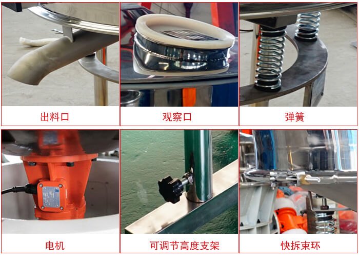 高頻篩細(xì)節(jié)展示：出料口，觀察口，彈簧，電機(jī)，可調(diào)節(jié)高度支架，快拆束環(huán)。